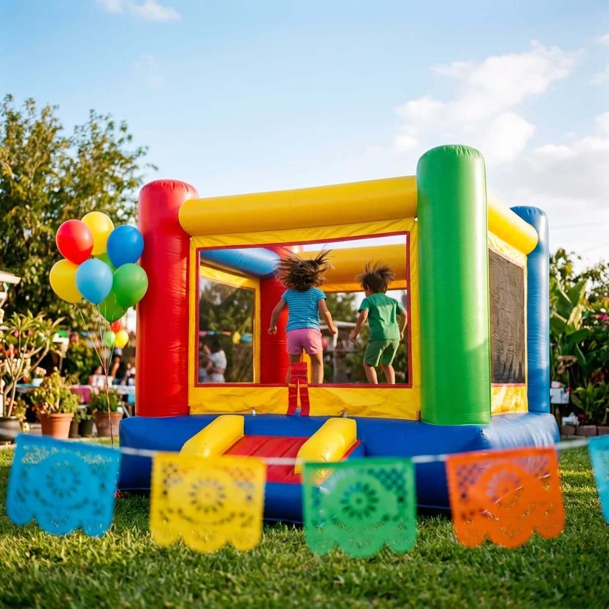 Niños saltando felices en un castillo inflable de colores